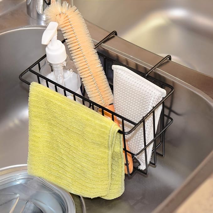 Kitchen Sponge Holder, Dish Brush Holder, Slim Sink Organization/Draining Basket/Liquid Drainer/Water Trough Rack, Kitchen Essential Tools, 304-Stainless Steel (Black)