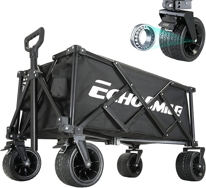 EchoSmile Collapsible Folding Wagon Cart with Compact Storage - 400LBS Capacity All Terrain Utility Cart for Camping, Beach, Grocery, Gardening - Black Outdoor Wagon