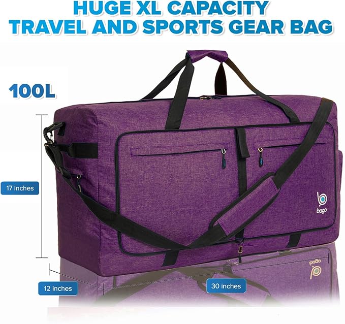 Bago Large Foldable Duffel Bags for Traveling Women & Men - 100L Packable Duffle Bag for Travel with Shoe Compartment - Water Repellant, Heavy Duty, Lightweight Folding & Collapsible (SnowDepPurple)