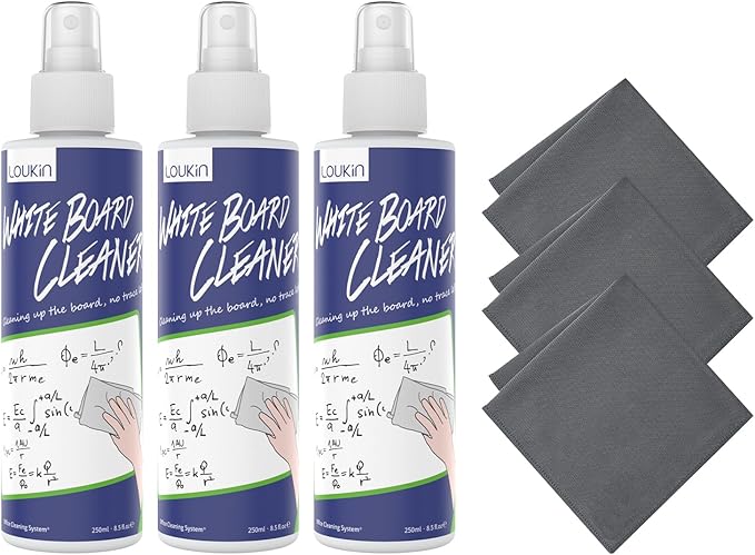 loukin Non-Toxic Whiteboard Cleaner, 8.5 fl oz Dry Erase Board Cleaner, Whiteboard Cleaning Spray with Cloths, Removes Stubborn Marks (3-Pack)