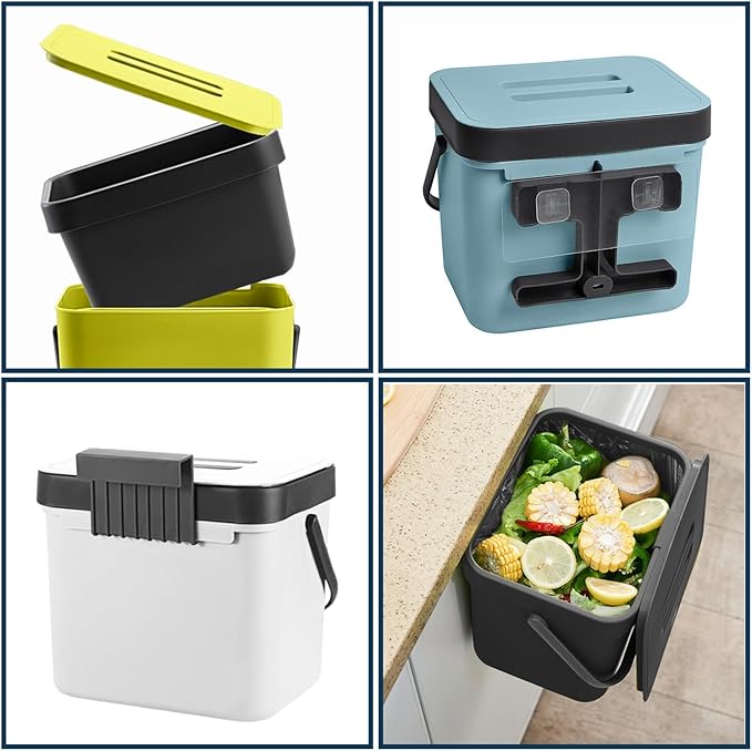 Compost Bin Kitchen, LALASTAR 7L Wall-Mounted Under Sink Small Garbage Can for Kitchen, Odor-Free Food Waste Basket Bin, 1.8 Gallons, Blue