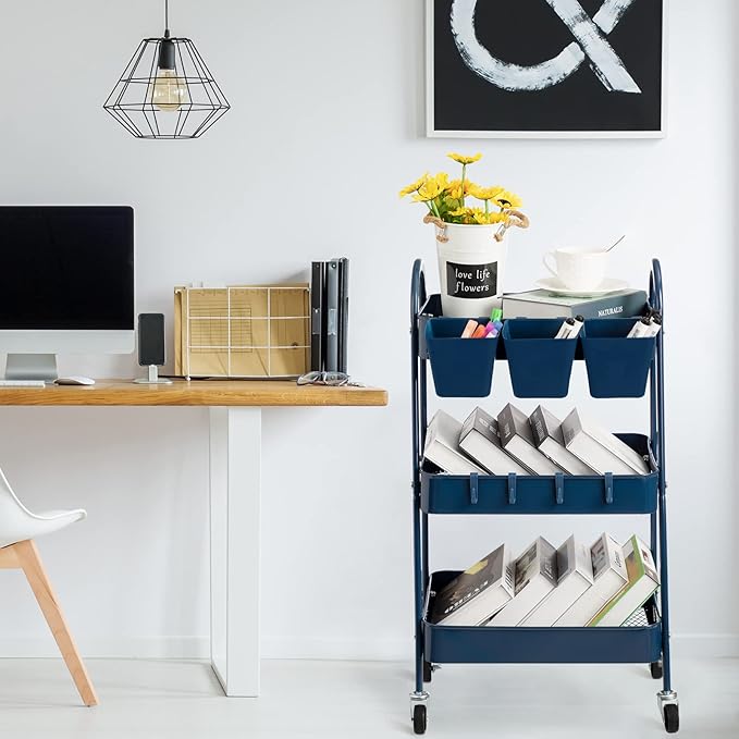 danpinera 3-Tier Rolling Cart, Metal Rolling Storage Cart with Lockable Wheels & Hanging Cups & Hooks, Mobile Trolley Cart for Kitchen, Bathroom, Office, Workshop, Dark Blue