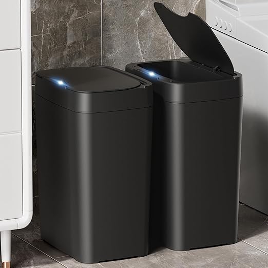 2 Pack 2.7 Gal Bathroom Trash Can with Lid, Automatic Trash Can Small Smart Garbage Can Touchless, Slim Motion Sensor Waterproof Plastic Trash Bins for Bedroom Office Kitchen Toilet Black