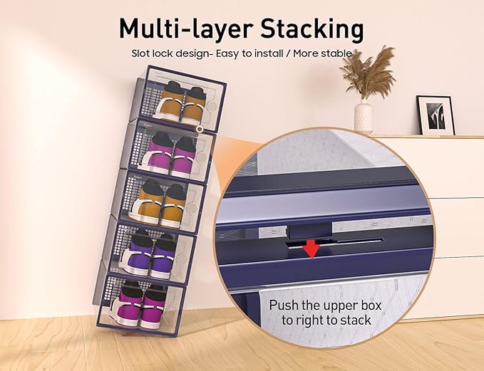 Kuject X-Large Shoe Storage Boxes Organizers Clear Plastic Stackable 12 Pack, Shoe Rack & Holder Substitute, Sneaker Containers, Toy Storage Organizer Bins for Entryway, Closet, Under Bed, Blue
