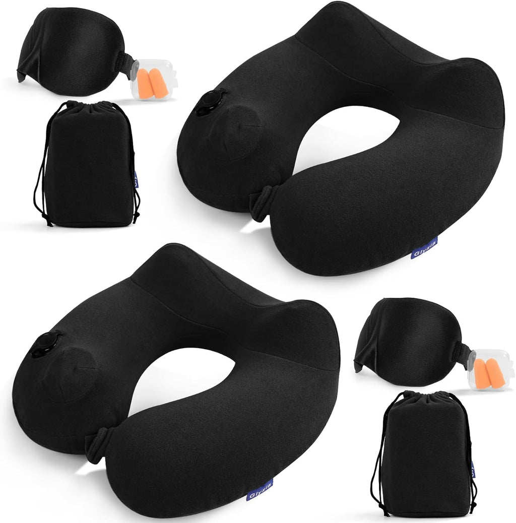 2 Pack Inflatable Travel Neck Pillows for Airplanes, Head Support Velvet Adult Neck Pillows for Long Flight, Kit with Eye Mask, Earplugs and Storage Bag, 2, Black