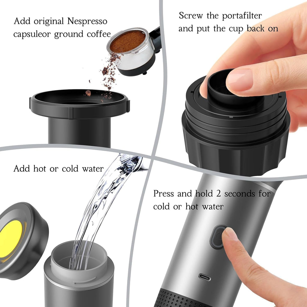 Zcyge Portable Coffee Maker Espresso Machine, Travel Camping Coffee Makers, Mini Battery Portable Espresso Self-Heating Car Coffee Maker With Ground Coffee & NS Capsule