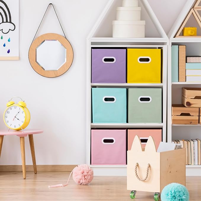 Stero Fabric Storage Cubes Bins, 11 inch Fun Colored Foldable Storage Baskets with Dual Plastic Handle for Home, Kids Room, Closet and Toys Organization, Multi Colored, Set of 6