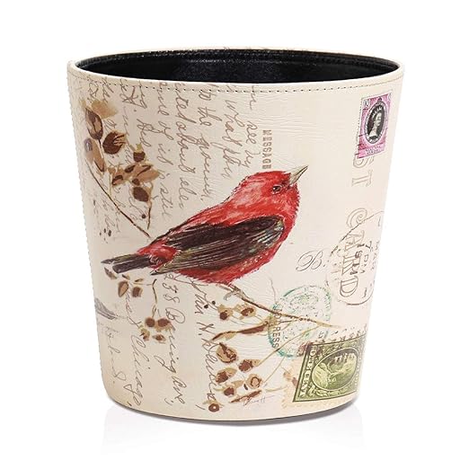 PU Leather Small Trash Can Wastebasket, Round Garbage Container Basket for Bathrooms, Laundry Room, Kitchens, Offices, Kids Rooms, Bedrooms,Dorms,Home Decorative Art Bin, 2.9 Gallon(Bird Design)