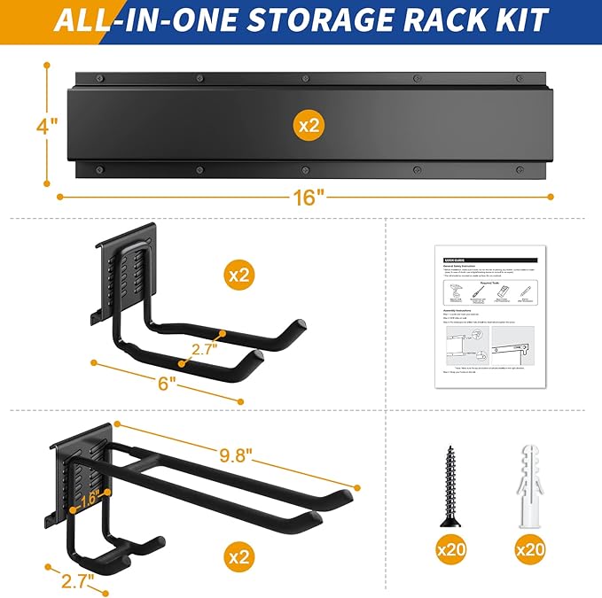 32 Inches Garage Storage, Garage Organization, Wall Mount Garden Tool Organizer, Max 300lbs Adjustable Metal Hooks, Yard Shed Hanging Rack, Heavy Duty Shelving for Rake Broom Mop Snowboard