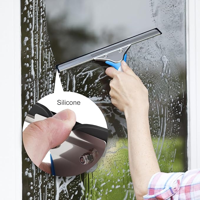 Professional Window Cleaning Kit 10IN, All-in-one Windows Cleaner Tool with Silicone Rubber Squeegee, Microfiber Scrubber & Cloth, Household Cleaning Supplies, Streak-Free Results