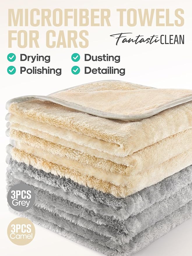 Fantasticlean Microfiber Car Detailing Towels, Car Drying Towel with Edge, Plush, Coral Fleece, 700GSM, 16" x 16", 6 Pack, Scratch-Free, Ultra Absorbent, Car RV Boat Home Cleaning (Grey and Camel)