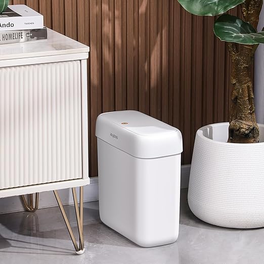 JOYBOS Bathroom Trash Can with Lid,3 Gallon Small Garbage Can with Press Top Lid,10L Dogproof Slim Plastic Narrow Trash Bin for Toilet, Office, Bedroom, Living Room, Grey