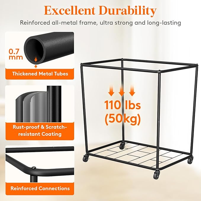 Lifewit 330L Laundry Basket with Wheels, Large Heavy Duty Commercial Rolling Laundry Hamper with Handles, Tall Steel Frame Laundry Cart for Laundry Room Bedroom Hotel Home Dorm, Black