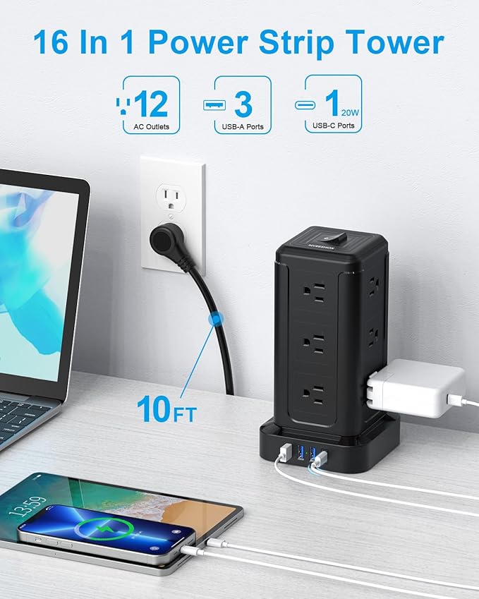 NVEESHOX Surge Protector Power Strip Tower, 10 FT Flat Plug Extension Cord with 12 AC Outlets 4 USB Ports(20W PD Type C), Charging Station with Surge Protection for Family, Office, Dorm