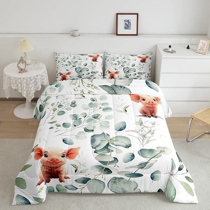 Erosebridal Kawaii Pig Queen Comforter Set for Boys Girls Cartoon Animal Bedding Set Queen, Eucalyptus Leaves Bedding Comforter Sets Farm Wildlife Duvet Set, Tropical Plants Quilted Comforter