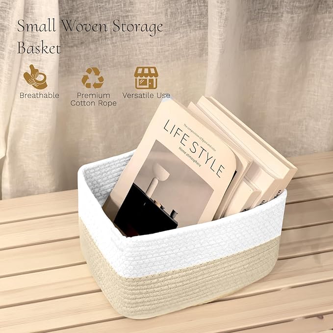 Hopegiver Woven Storage Baskets 11x8x7 Inch, 3 Pack Collapsible Cube Storage Bin for Shelves - Foldable Cotton Rope Organizer Bins for Towels, Toys, Books, Closet, Nursery (White Khaki)