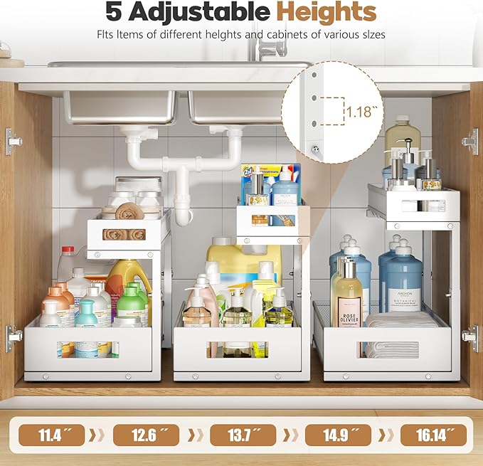 1 Pack 19IN Depth Under Sink Storage Organizer, Large 2-Tier Elegant Mesh Pull Out Shelf for Kitchen and Bathroom Cabinet Organization, L-Shaped and Adjustable Height Design-White