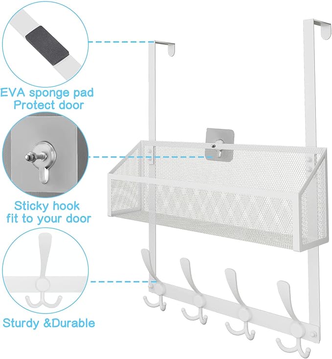 Over The Door Hooks Organizer, Coat Rack Over The Door Storage Hanger Towel Rack, Back of Door Storage Organizer for Bathroom,Bedroom,Kitchen,Office (White 2-Tier)