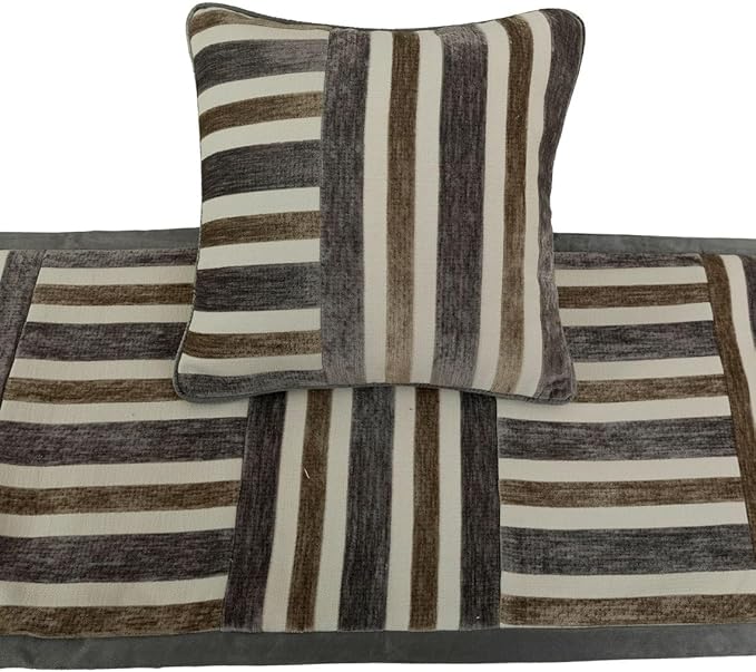 The HomeCentric King/Queen/Twin Beige & Grey Decorative Queen 74"x18" Bed Runner with 2 Pillow Cover, Patchwork Bed Scarf on Velvet Fabric - Striation