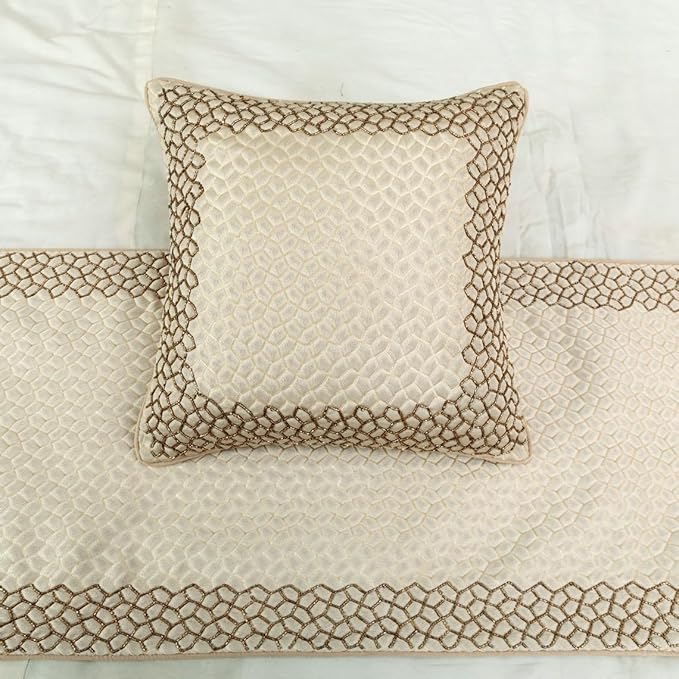 The HomeCentric King/Queen/Twin Ivory & Gold Decorative Full 68"x18" Bed Runner with 2 Pillow Cover, Mosaic & Beaded Bed Scarf on Jacquard Fabric - Tessellation