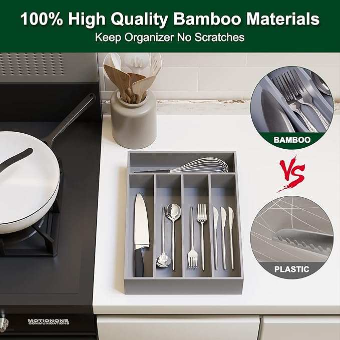Bellsal Grey Utensil Organizer 10 Inch Silverware Tray for Drawer Utensil Holder Cutlery Organizer Kitchen Drawer Organizer 5 Compartment Small Narrow Bamboo