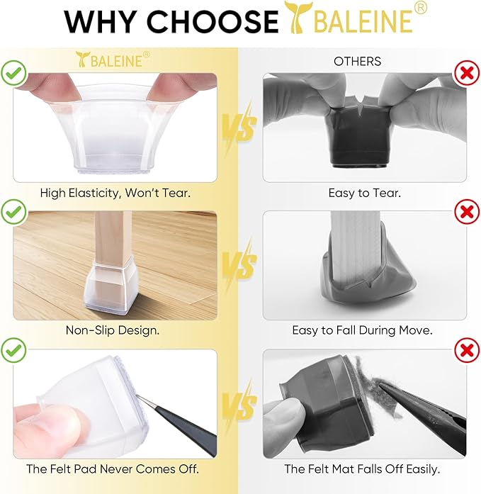 BALEINE 32 Pack Silicone Chair Leg Floor Protectors, Stool Leg Protectors Cap, Non-Slip Chair Leg Caps for Hardwood Floors (Clear & Large (Square), 32 Pack)