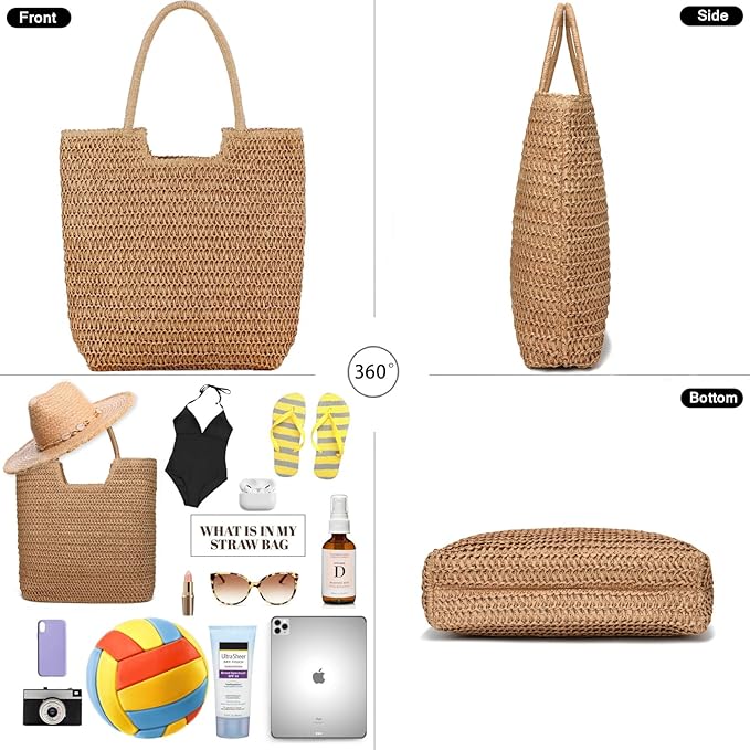 Straw Beach Bags for Women Woven Beach Tote Bag Casual Boho Large Shoulder Handbags Purse for Vacation Holiday