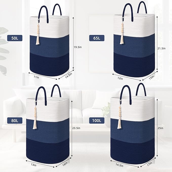 Woven Laundry Basket for Clothes,65 L Large Rectangle Laundry Hampers with Beads Tassel, Nursery Storage Basket for Toys, Tall Dirty Clothes Hamper for Bedroom Aesthetic, Laundry Room Organization