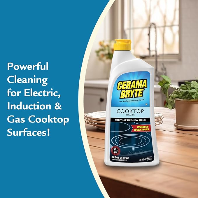 Cerama Bryte Glass Cooktop and Stove Top Cleaner Combo Kit - Includes Cleaning Tool, Razor, Scraper and 3 Pads to Remove Tough Stains - Use on Gas, Electric, Ceramic Surfaces, 10 Ounces, 6 Piece