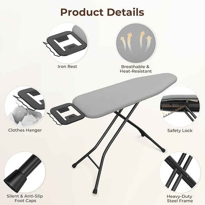 Yaheetech Foldable Ironing Board, Heavy Duty Iron Board with 9 Adjustable Heights, 4 Layer Cover and Safety Iron Rest, 52X14 Compact and Space Save Iron Board for Home Laundry Room Use, Gray