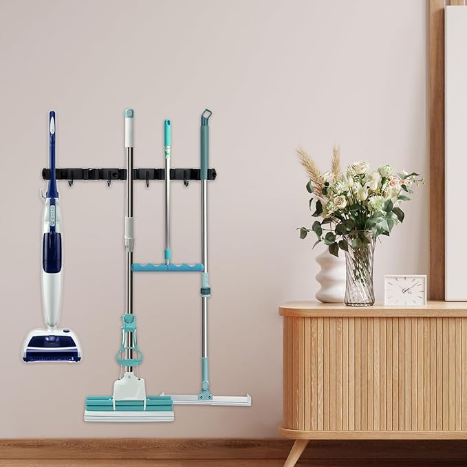 Broom and Mop Holder Wall Mount - 5 Slots and 4 Hooks Stainless Steel Mop and Garden Tool Storage Rack for Bathroom, Kitchen, Garage, Outdoor （2Pcs