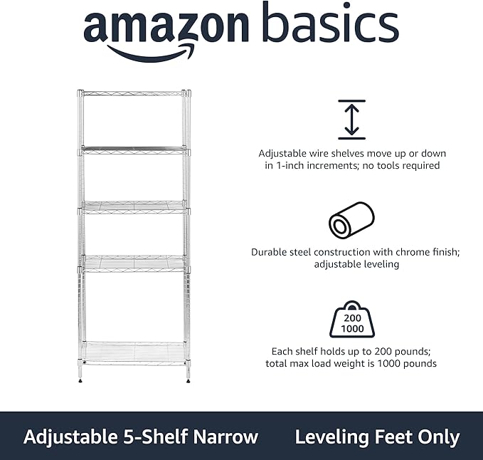 Amazon Basics 5-Shelf Adjustable, Storage Shelving Unit, (200 Pound Loading Capacity per Shelf), Steel Organizer Wire Rack, 23.2 x 13.4 x 60 inches (LxWxH), Chrome