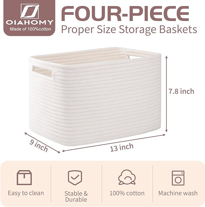 OIAHOMY 4 Pack Storage Baskets for Organizing, Cube Storage Bins for Shelves, Rectangle Storage Baskets With Handles, Woven Baskets for Storage, 12.7''Lx9''Wx7.8''H, White