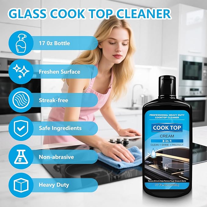 Cooktop and Stove Top Cleaner Kit, Glass Cooktop Cleaner Combo Kit with Razor, Scraper, Scrubbing Pad Removes Tough Stains, Stovetop Cleaner for Glass and Ceramic Surfaces,17OZ