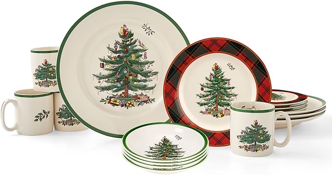 Spode Christmas Tree 16-Piece Tartan Dinnerware Set (Service for 4) - Festive Holiday Tableware with Plates, Bowls, Mugs - Porcelain Christmas Dinnerware - Microwave & Dishwasher Safe