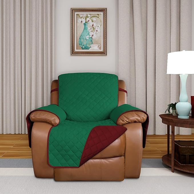 PureFit Reversible Quilted Sofa Cover, Water Resistant Slipcover Furniture Protector, Washable Couch Cover with Non Slip and Elastic Straps for Kids, Dogs, Pets (Oversized Recliner, Green/Red)