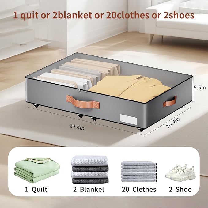 Under bed Storage With Wheels,Low profile 5.5 inches Height Storage Bins,Rolling Under bed Shoe Storage Containers,Under bed Storage Drawers for clothes & blankets