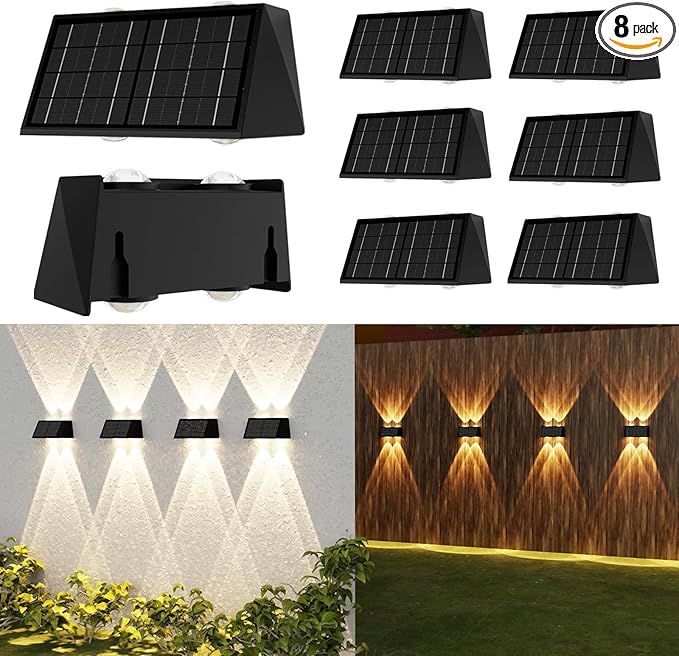 8-Pack Solar Fence Lights, Up & Down Lighting, 50LM/25LM 4 Modes, IP65