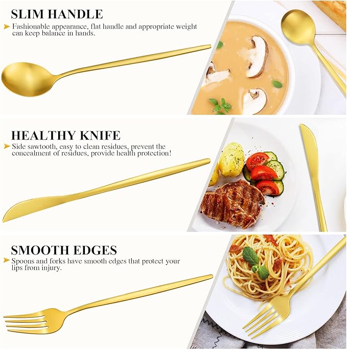 Gold Silverware Set for 12, Stainless Steel Flatware Set, 60-Pieces Cutlery Tableware set Include Spoons And Forks Set, Matte Gold Utensil Set, Stain Finish, Dishwasher Safe