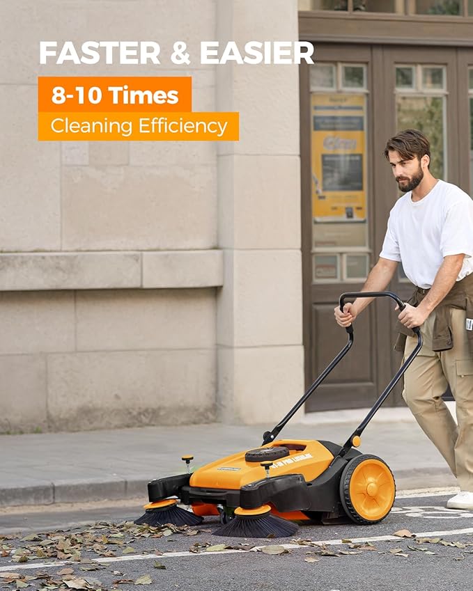41" Industrial Walk-Behind Hand Push Floor Sweeper | Commercial 55L Large Capacity | 45000 SqFt/Hour | Indoor & Outdoor Use (Yellow)