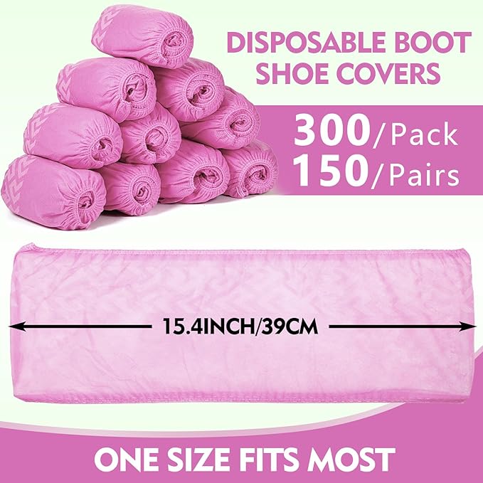 Zhanmai 300 Pack Disposable Shoe Covers Non Slip Disposable Large Foot Booties Shoe Covers for Indoors Contractors Floor and Carpet Protectors, One Size Fits Most(Pink)
