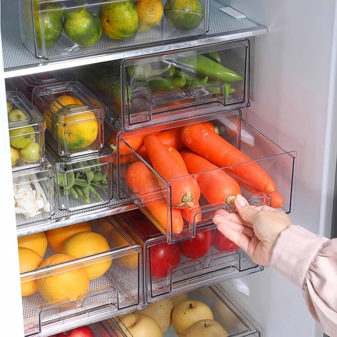 bealy 2 Pack Stackable Clear Storage Drawer,Refrigerator Organizers and Storage Drawer Pull Out Drawer for Fridge Kitchen Bathroom Cabinet Closet Office Clear
