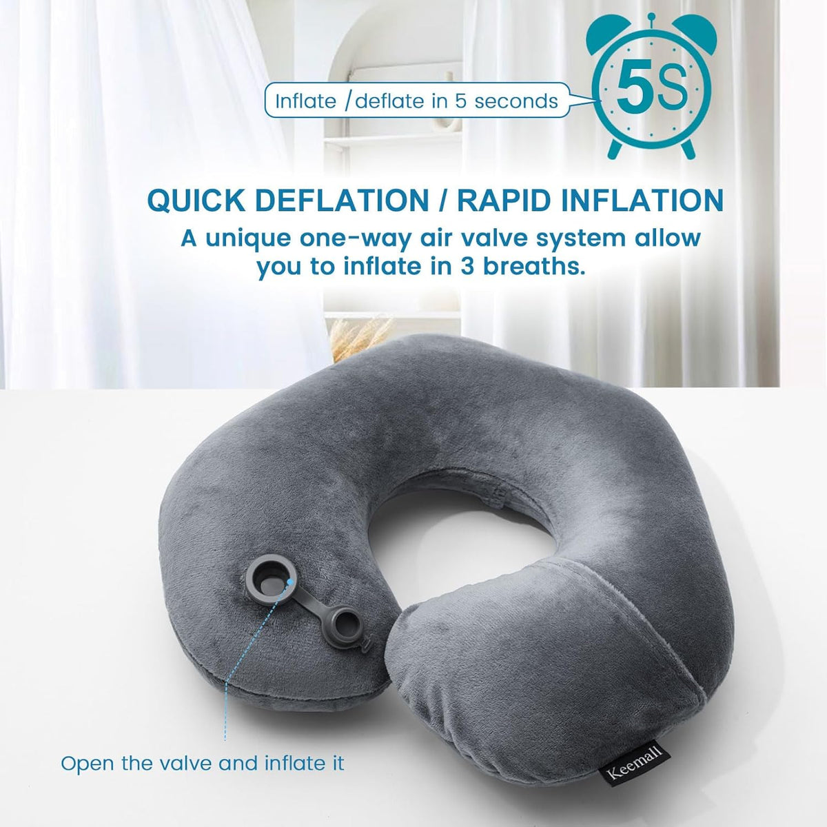 Inflatable Travel Neck Pillow, Super Soft Plane Neck Support Pillow for Travel Ariplane Sleep Support, Adjustable Neck Cushion Headrest Pillow, Folds Up Nicely, Black Grey