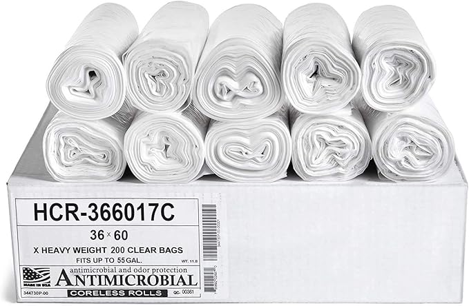Aluf Plastics High Density Trash Bags, 55 Gallon, 200 Count, 17 Micron (eq), 36" x 60", Clear, for Bathroom, Office, Industrial, Commercial, Janitorial, Municipal, Recycling