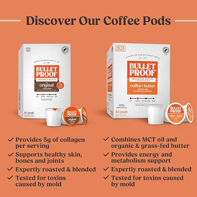 Bulletproof Coffee + Organic Grass-Fed Butter Single-Serve Pods, Keto Coffee, All-in-One Recipe with MCT Oil and Butter, Packaging May Vary