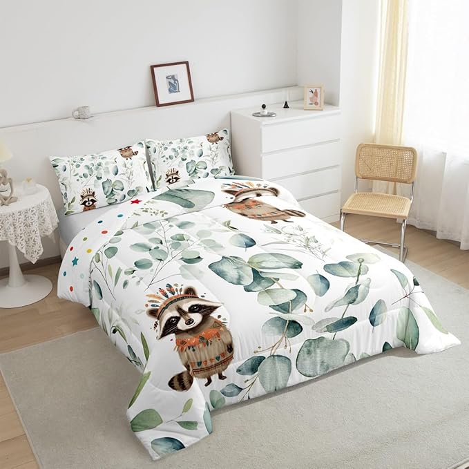 Erosebridal Cute Raccoon King Bedding Sets for Kids Child Green Eucalyptus Comforter Set, Woodland Animal Duvet Insert Botanical Plant Leaves Down Comforter, Cartoon Wildlife Bedding Comforter Sets
