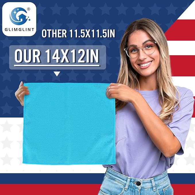 GLIMGLINT Microfiber Cleaning Cloth, 12 Pack Cleaning Rags, Cleaning Towels with 3 Color Assorted, 14"X12"(Yellow/White/Blue)