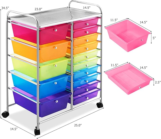 GOFLAME 15-Drawer Rolling Storage Cart, Multipurpose Movable Organizer Cart, Utility Cart for Home, Office, School, Rainbow