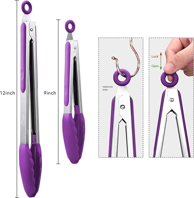 HOTEC Premium Stainless Steel Locking Kitchen Tongs with Silicon Tips, Set of 2-9" and 12" (Purple)