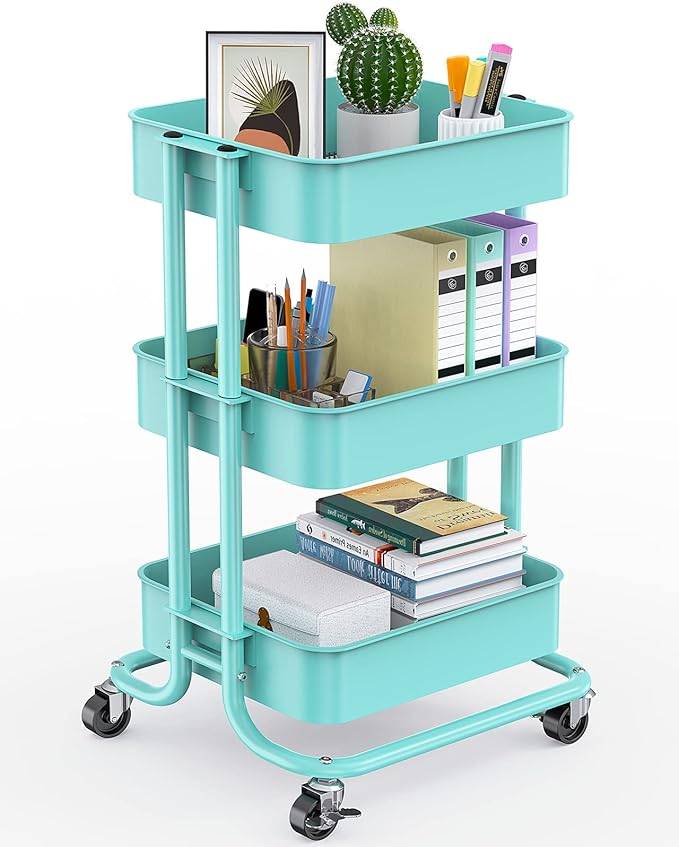 Pipishell 3-Tier Metal Rolling Utility Cart, Heavy-Duty Storage Cart with 2 Lockable Wheels, Multifunctional Mesh Organization Cart for Kitchen Dining Room Living Room (Turquoise)